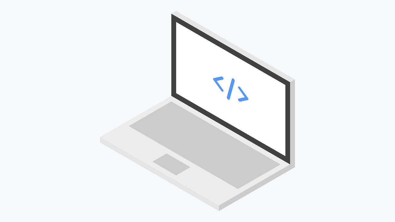 a laptop with a code symbol on the screen, a computer rendering, isometric top down left view, fontawesome style, simple white background, 1128x191 resolution