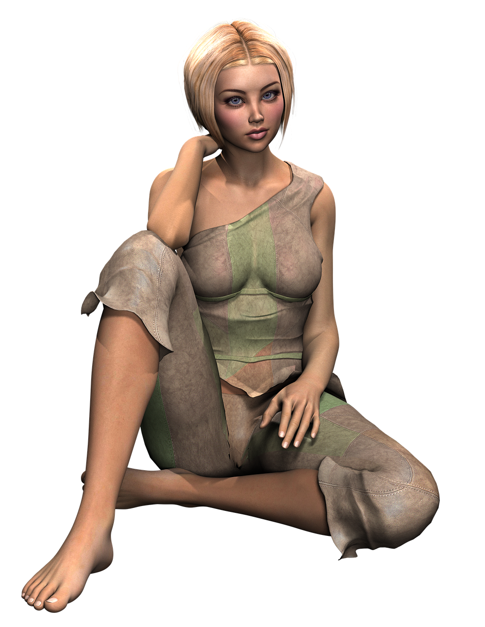 a woman sitting on the ground with her legs crossed, a 3D render, by senior character artist, renaissance, muted colored bodysuit, (((mad))) elf princess, realistic face and body hybrid, olive thigh skin