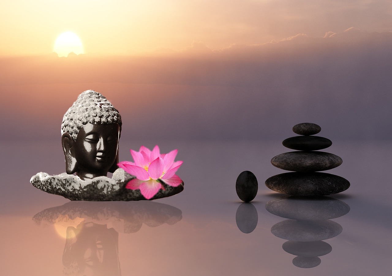 a buddha statue sitting on top of a pile of rocks, a picture, trending on pixabay, minimalism, lotus flowers on the water, sunrise light, beautiful composition 3 - d 4 k, black lotus