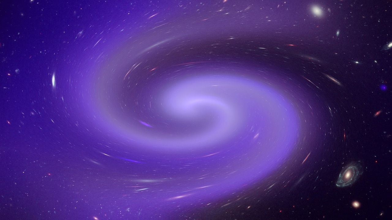 a spiral shaped object in the middle of a galaxy, space art, plain purple background, mobile wallpaper, hurricane, harmony of the universe