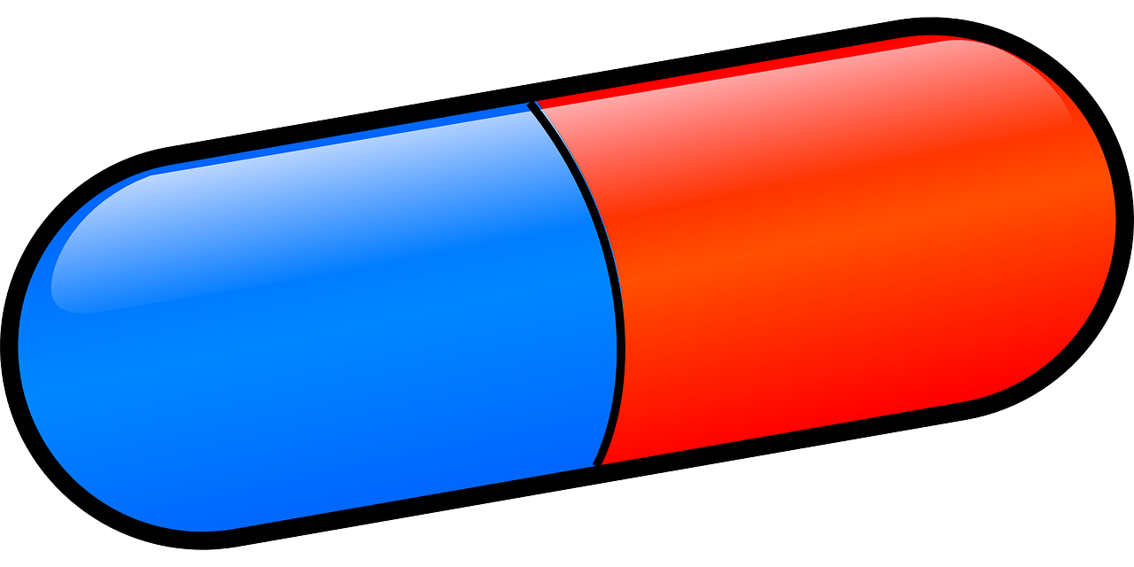 a red and blue pill on a white background, by Paul Mavrides, flickr, conceptual art, simple primitive tube shape, colored manga panel, 2 tone colors only, battery
