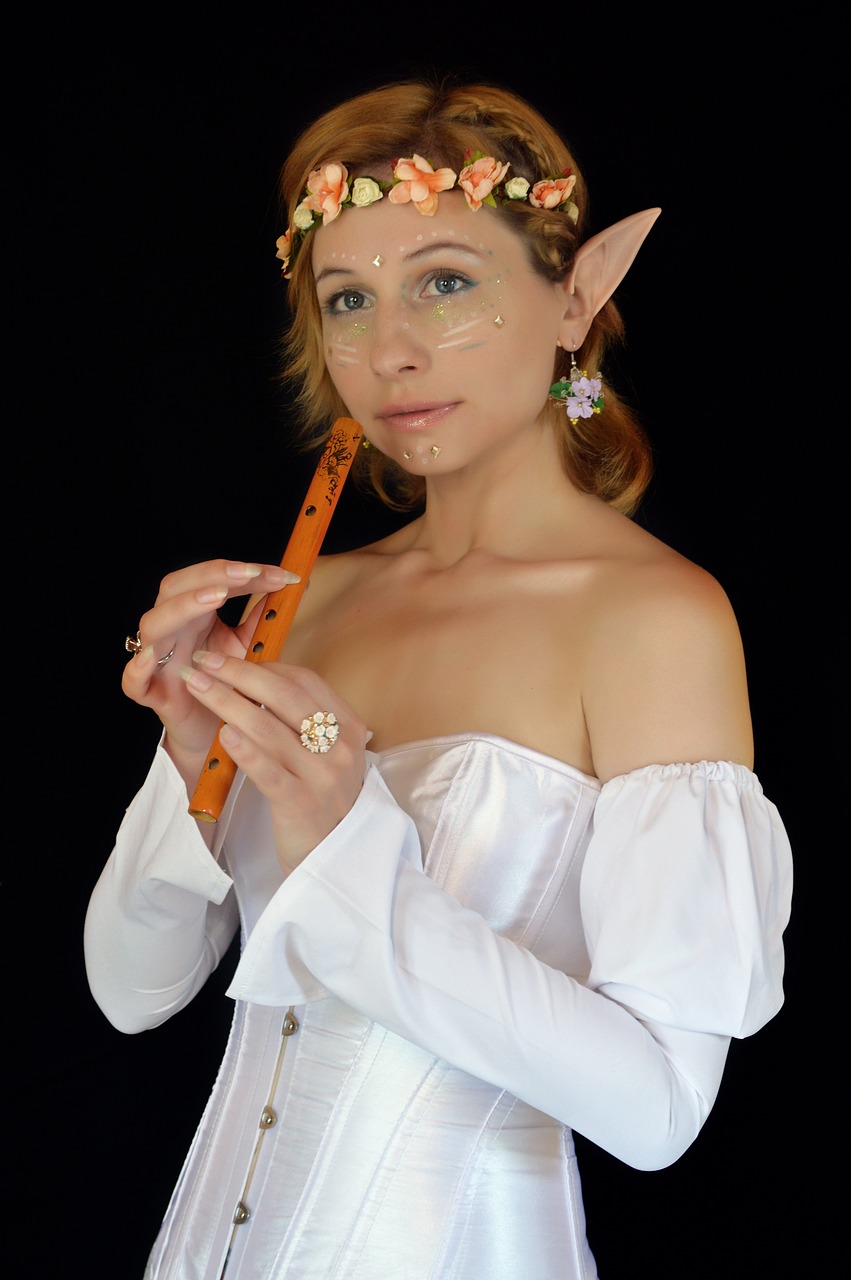 a woman in a white dress holding a carrot, a character portrait, inspired by Limbourg brothers, flickr, renaissance, young girl playing flute, very beautiful elven top model, spiky elf ears, ocarina of time