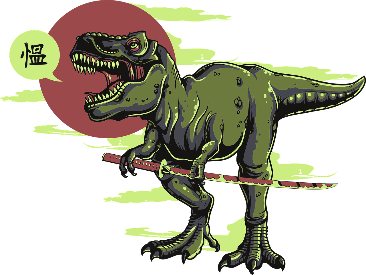 a t - rex with a sword standing in front of a full moon, an illustration of, inspired by Adam Rex, neo-primitivism, planet terror planet, hotline miami, green skinned, sharp illustration