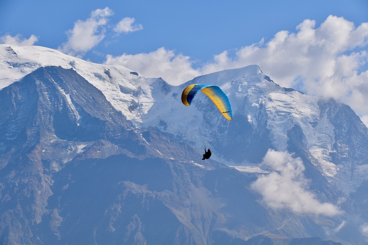 a person that is in the air with a parachute, a picture, by Werner Andermatt, shutterstock, snow capped mountains, uttarakhand, gliding, wallpaper - 1 0 2 4