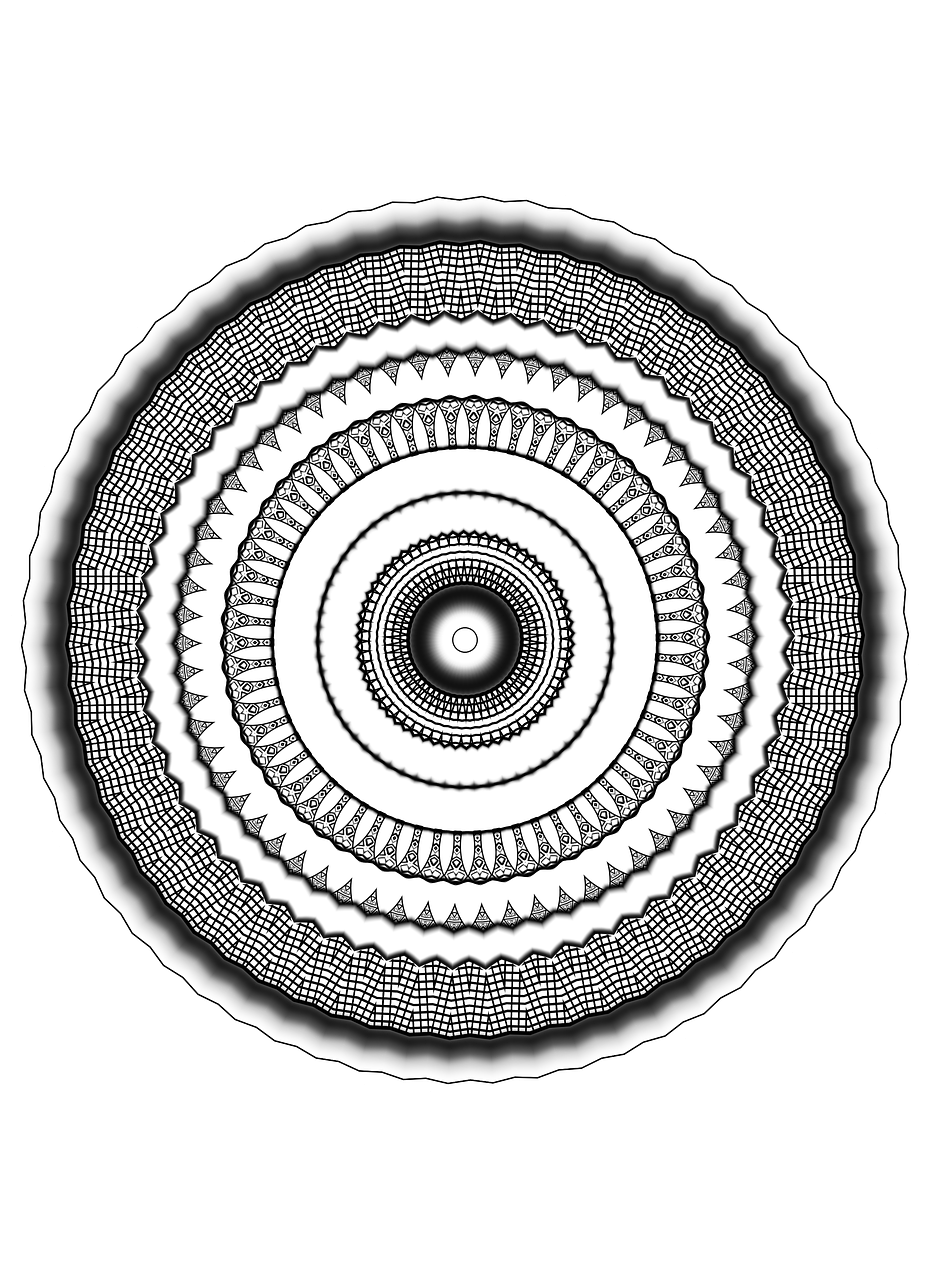 a black and white circular design on a black background, inspired by Benoit B. Mandelbrot, reddit, detailed white, mystical third eye, guilloche, porcelain forcefield