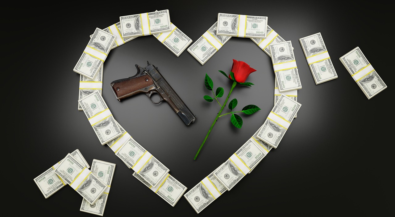 a gun and a rose in the shape of a heart, a portrait, by Ren Bonian, pixabay contest winner, dada, money, $100000000, quarter view, cash