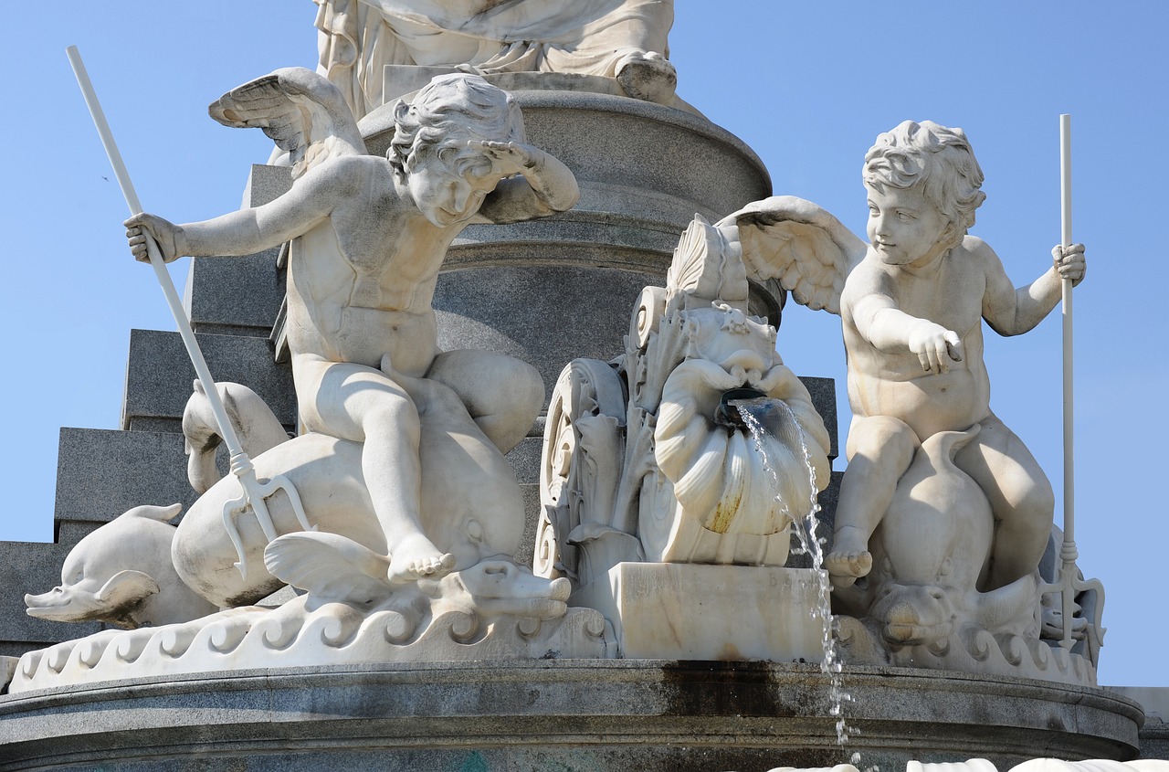 a group of statues sitting on top of a fountain, a statue, neoclassicism, angel, fonte à la cire perdue, closeup of magic water gate, godrays from the right
