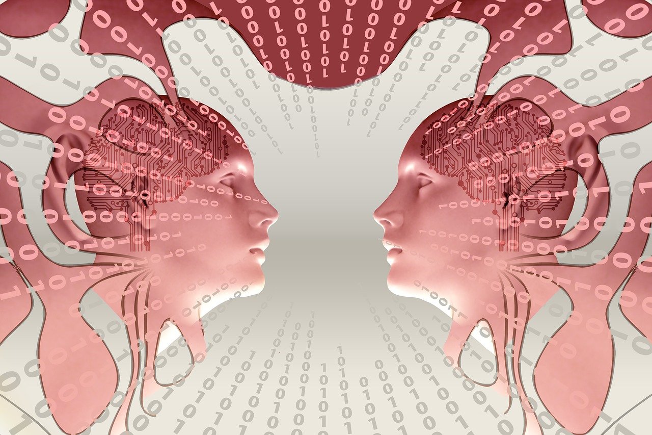 a close up of a person's face with numbers in the background, by Jon Coffelt, shutterstock, digital art, facing each other, brain connected to computer, humanoid woman, arguing