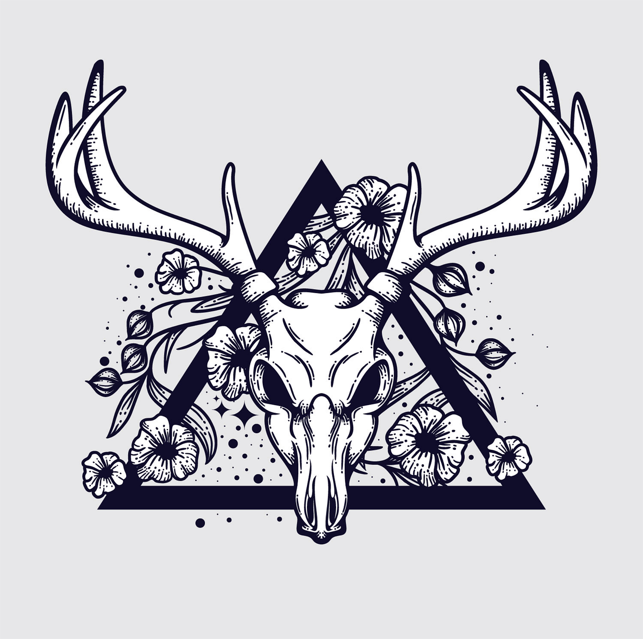 a deer skull with horns and flowers in a triangle, vector art, style of ade santora, a beautiful artwork illustration