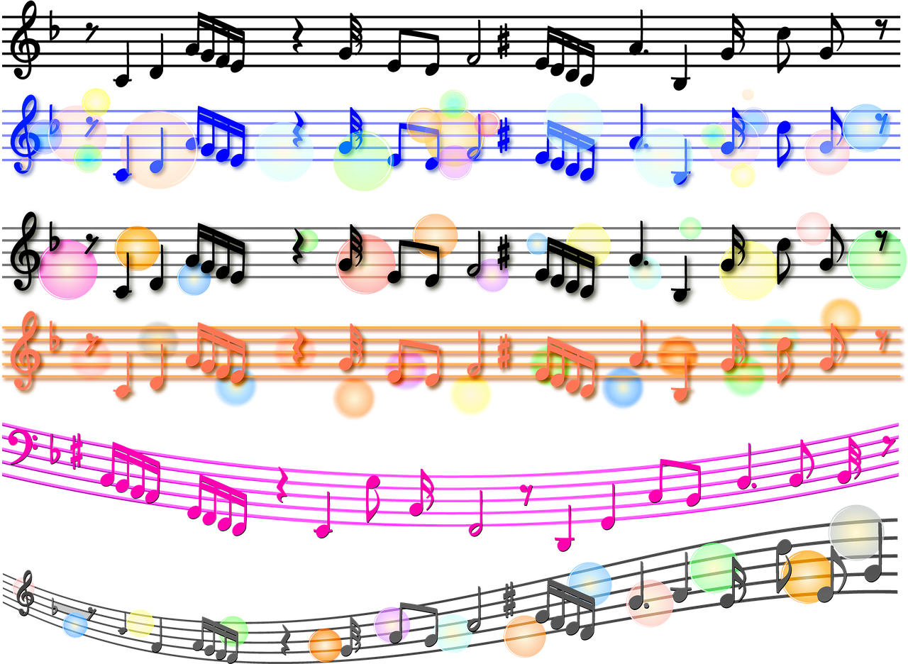 a group of musical notes sitting on top of a musical staff, a digital rendering, inspired by Girolamo Muziano, dark neon colored universe, [ bubbles, ornaments, long
