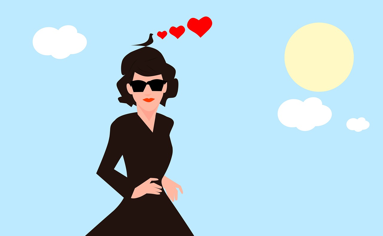 a woman in a black dress and sunglasses with a bird on her head, a cartoon, inspired by Evaline Ness, trending on pixabay, hearts, looking to the sky, 50s style, wikihow