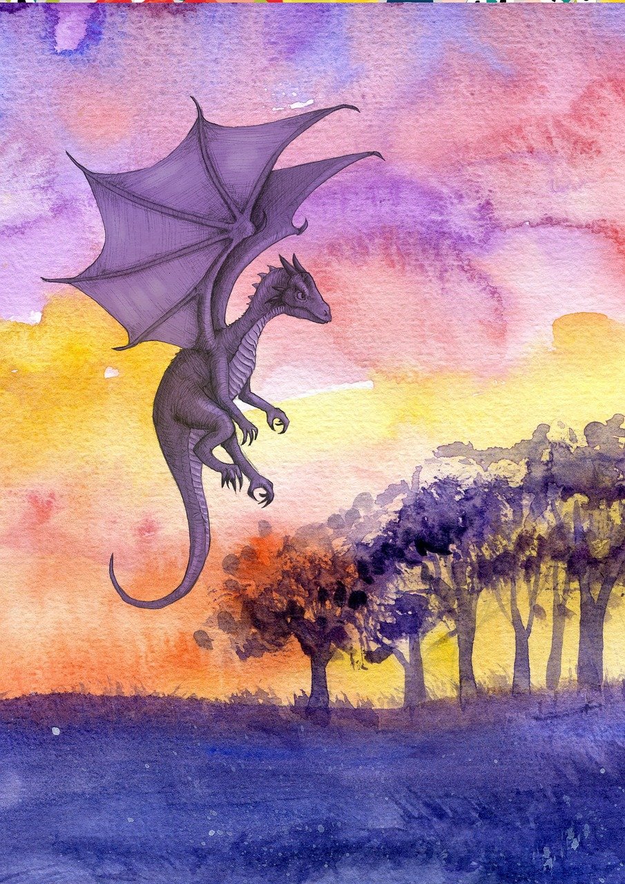 a watercolor painting of a dragon flying in the sky, a watercolor painting, fantasy art, violet and yellow sunset, over the tree tops, whole page illustration, european four-legged dragon
