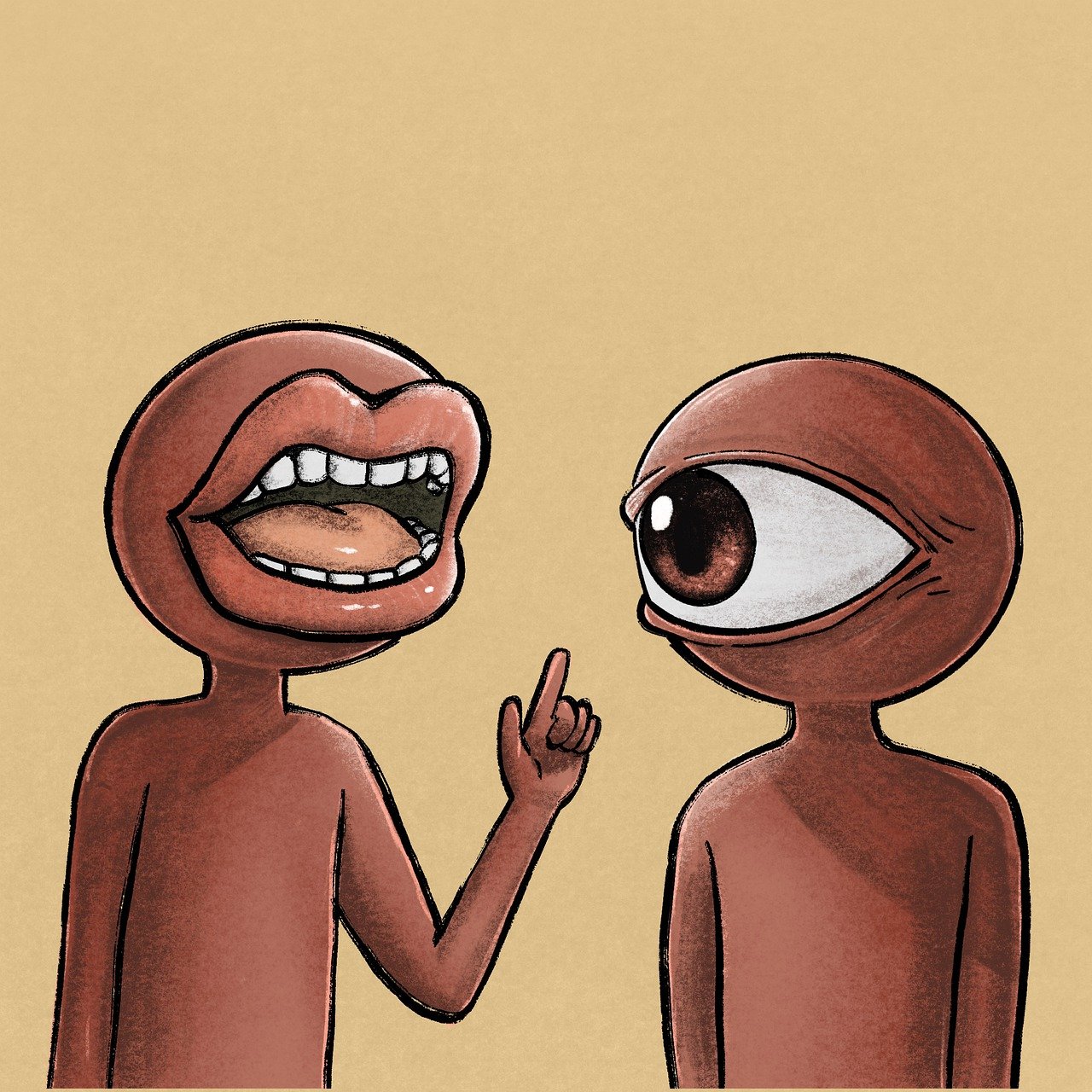 a drawing of two people talking to each other, an illustration of, inspired by Victor Brauner, tumblr, conceptual art, alien mouth, cartoon style illustration, uganda knuckles, high detail illustration