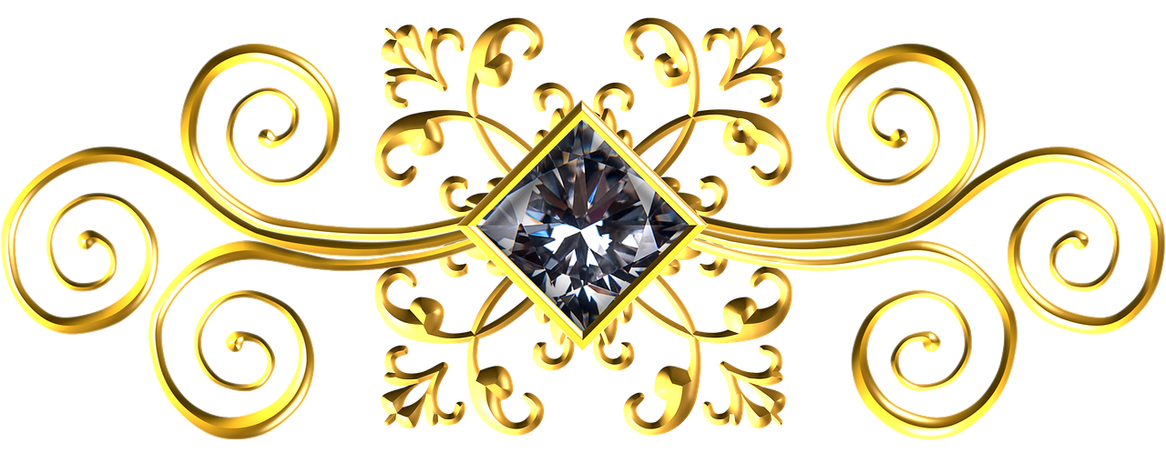 a gold and diamond brooch on a black background, a digital rendering, inspired by Aleksandr Ivanovich Laktionov, pierced navel, square, scrollwork, 3 d + digital art