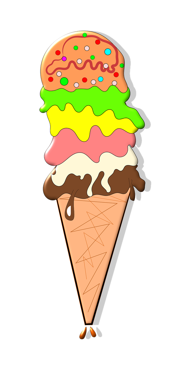 an ice cream cone with different toppings on it, by Matthias Stom, pixabay, pop art, black backround. inkscape, cell shaded adult animation, ( 3 1, gooey skin