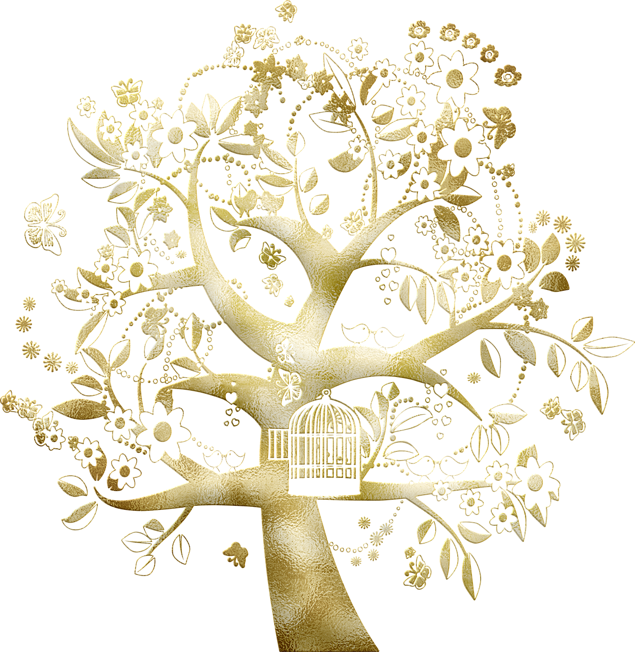 a golden tree with a bird cage in it, trending on pixabay, folk art, gilded. floral, golden lace pattern, gold ornate jewely, black white gold