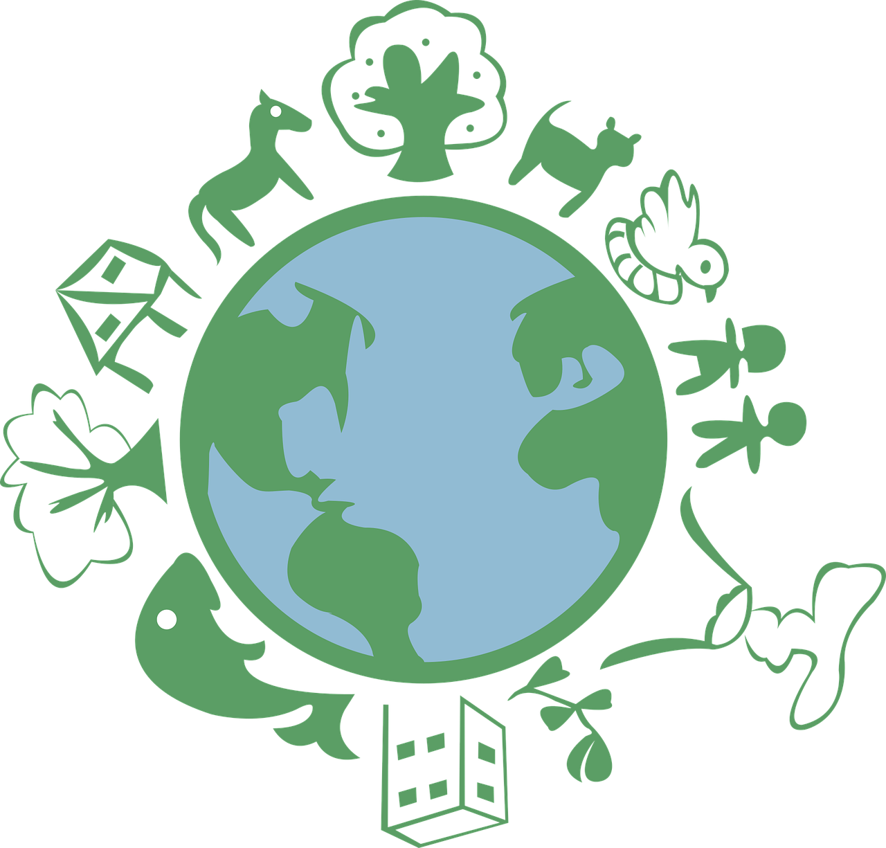 a green earth with animals around it, a picture, pixabay, black blue green, various items, icon, h r