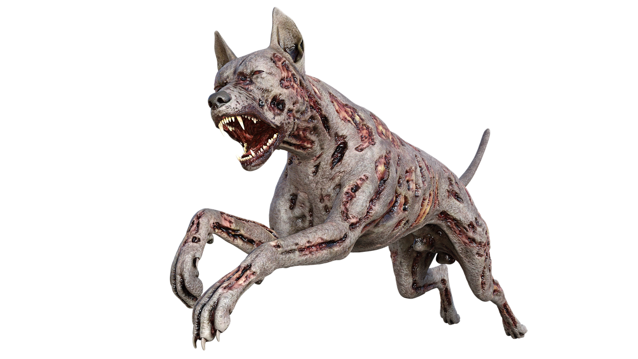a close up of a dog on a black background, a digital rendering, featured on zbrush central, butcher angry rotting zombie, scp 3008, quadruped, 3/4 view realistic