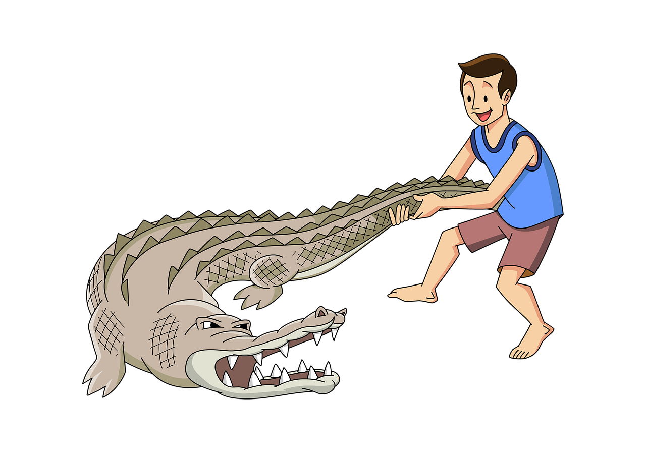 a man is trying to pull a crocodile out of the water, an illustration of, shutterstock, cobra, on black background, teenager, wikihow illustration, giant teeth