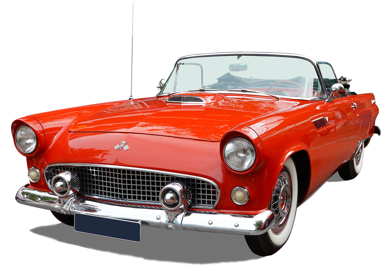 a red classic car parked in front of a black background, by Arnie Swekel, trending on pixabay, thunderbirds, soft top, orange red black white, falcon