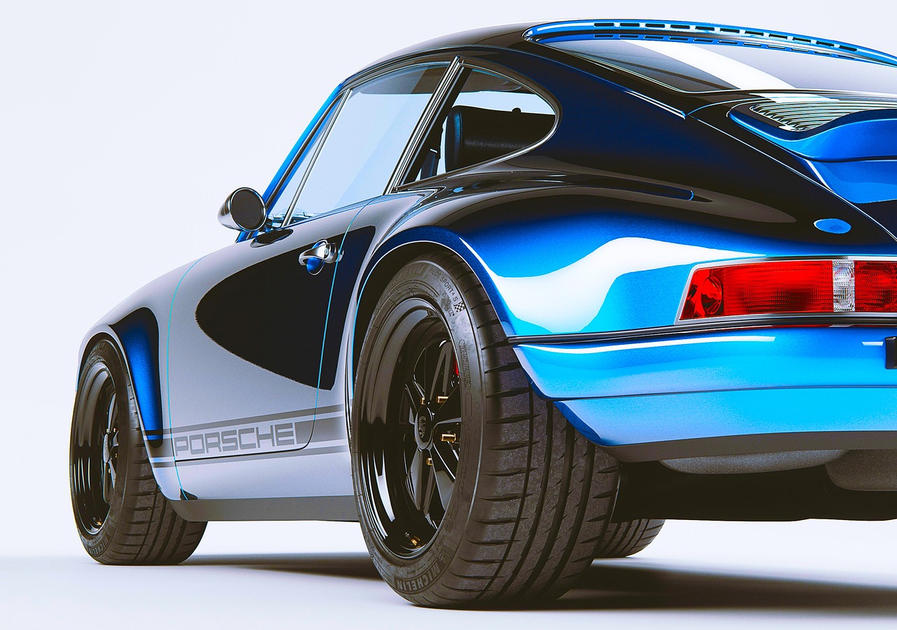 the rear end of a blue sports car, a 3D render, inspired by Kentaro Miura, zbrush central contest winner, photorealism, porsche 9 1 1, full body close-up shot, hq 4k phone wallpaper, side profile shot