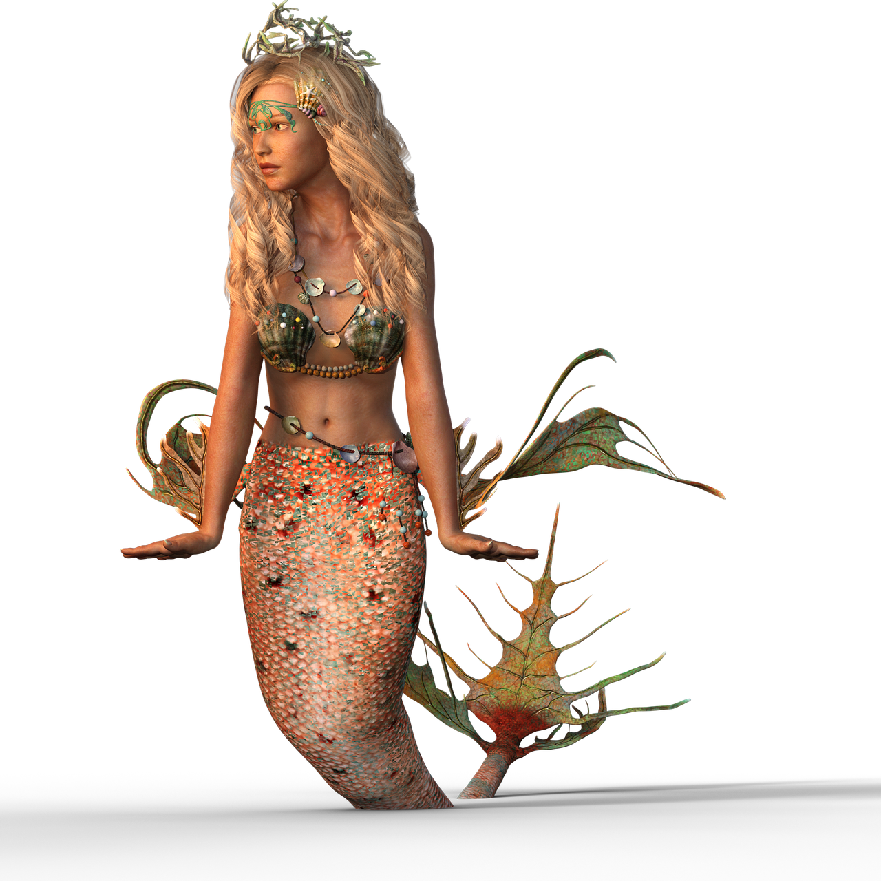a woman in a mermaid costume holding a fish, a digital rendering, by Robert Medley, zbrush central contest winner, glitter accents on figure, high quality fantasy stock photo, ultra realistic fantasy tiara, 3/4 view realistic