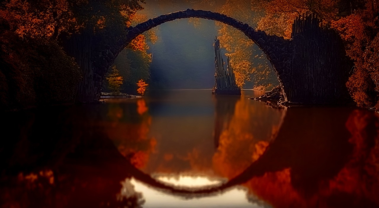 a bridge over a body of water surrounded by trees, a picture, by Eugeniusz Zak, orange halo, portal to another world, 🍂 cute, eye reflection