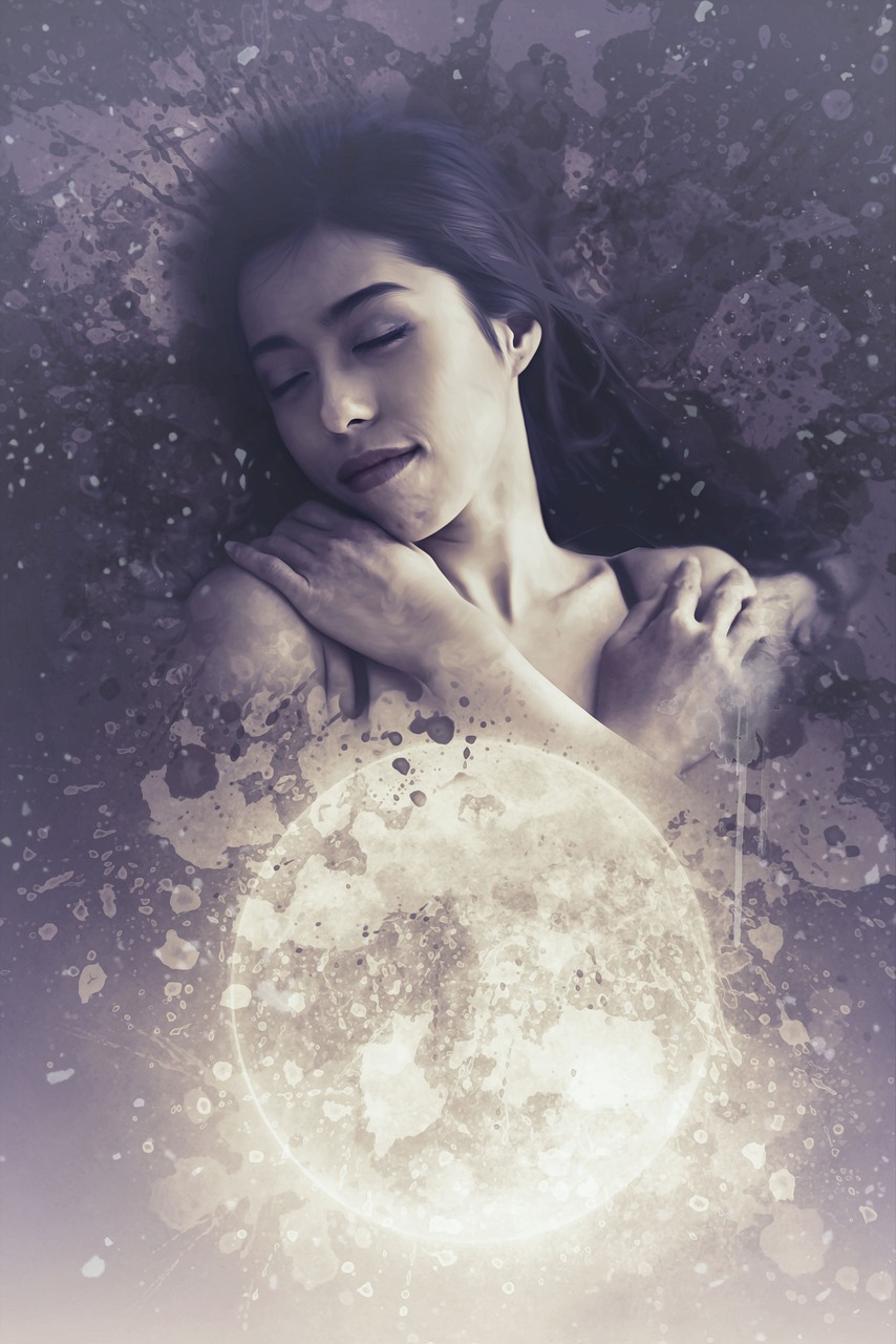 a woman that is laying down with her eyes closed, inspired by Anna Dittmann, the moon cast on the man, film still promotional image, portrait of modern darna, photo render