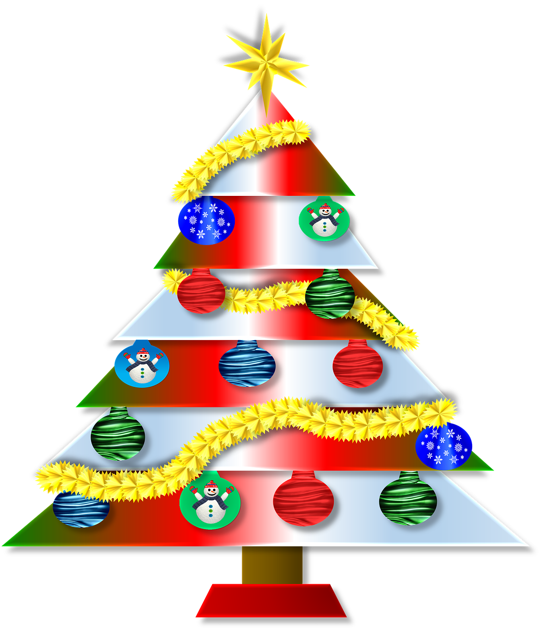 a christmas tree decorated with ornaments and a star, a digital rendering, inspired by Ernest William Christmas, naive art, colors red white blue and black, red black white golden colors, beginner, information