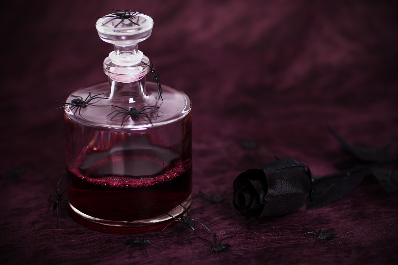 a glass bottle filled with red liquid next to a rose, gothic art, violet spiders, featured, transparent liquid, dark purple skin