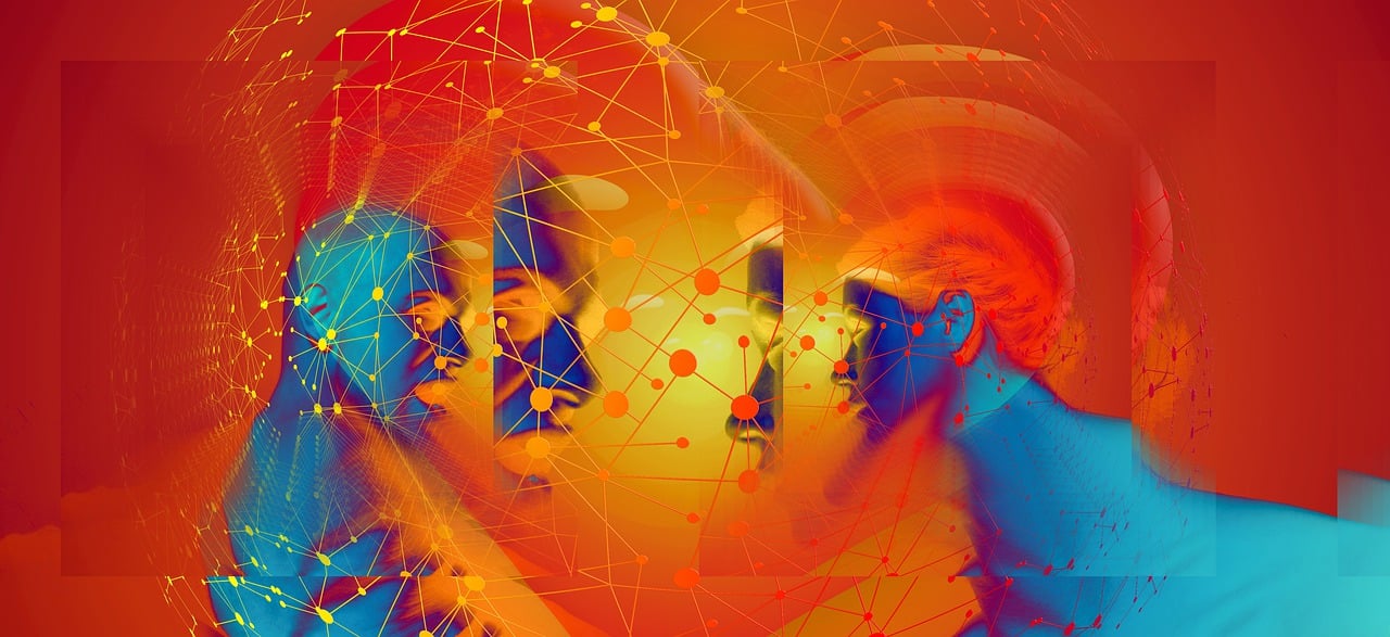 a couple of people standing next to each other, digital art, by Anna Füssli, shutterstock, digital art, red and orange glow, psychedelic interconnections, focus on generate the face, mathematical