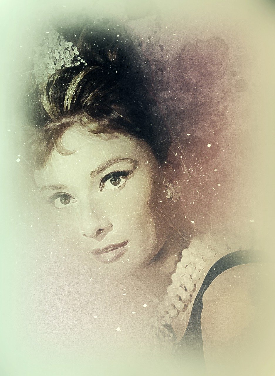 a close up of a person wearing a necklace, a colorized photo, inspired by Judy Takács, digital art, gorgeous female audrey hepburn, watercolor style, retro vintage and romanticism, background image