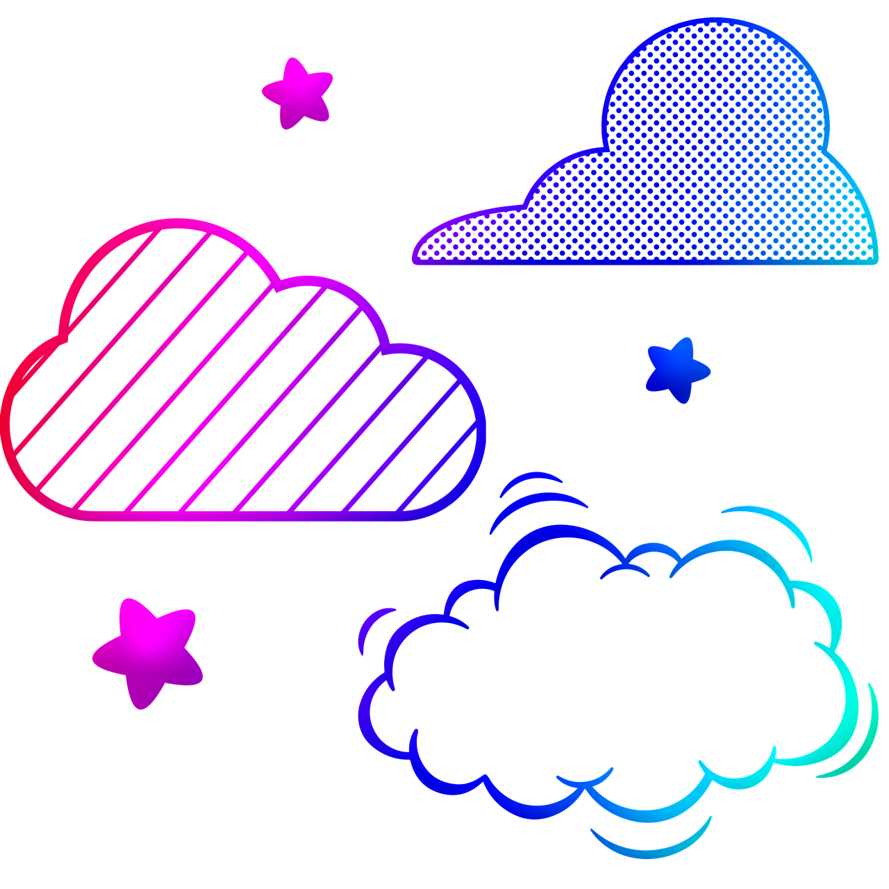 three different colored clouds and stars on a black background, pop art, cyber neon lightings, clipart, in a shapes background, with fluo colored details