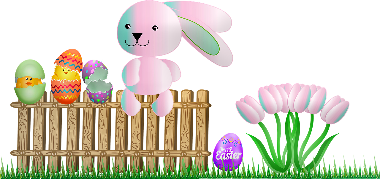 a pink bunny sitting on top of a wooden fence, pixabay, digital art, black, egg, isolated background, hight decorated