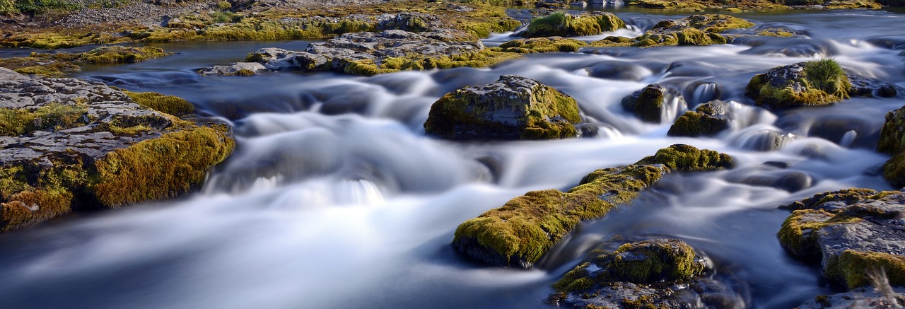 a stream running through a lush green forest, by Alexander Robertson, pixabay contest winner, minimalism, in the iceland calm water, moist mossy white stones, silk flowing in wind, flowing lava