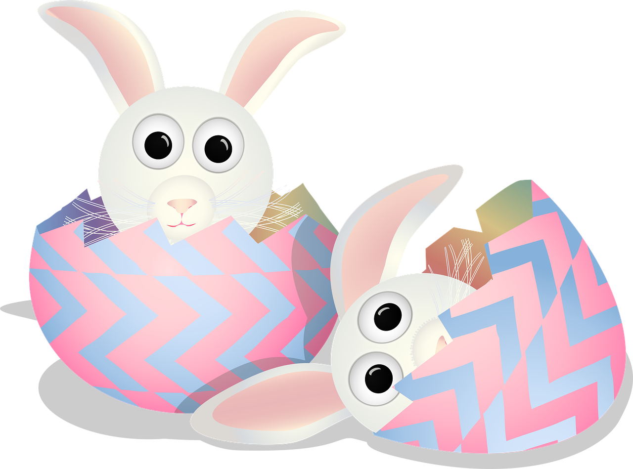 a couple of easter bunnies sitting inside of an egg, a digital rendering, by Eva Švankmajerová, pixabay, sōsaku hanga, on black background, symmetric bright eyes, 💋 💄 👠 👗, clip art