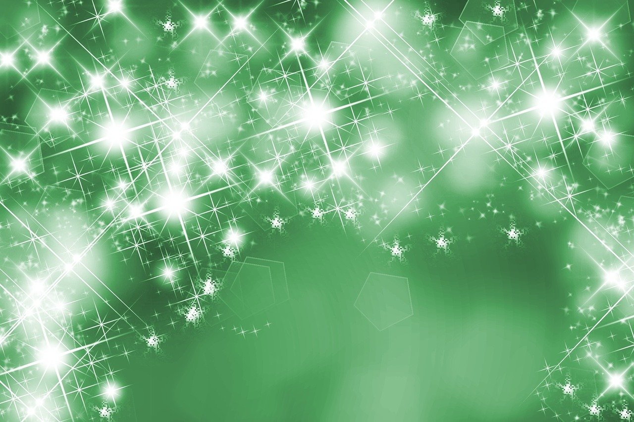 a green background with stars and sparkles, by Peter Alexander Hay, shiny colorful, angular background elements, white sparkles everywhere, emerald jewelry