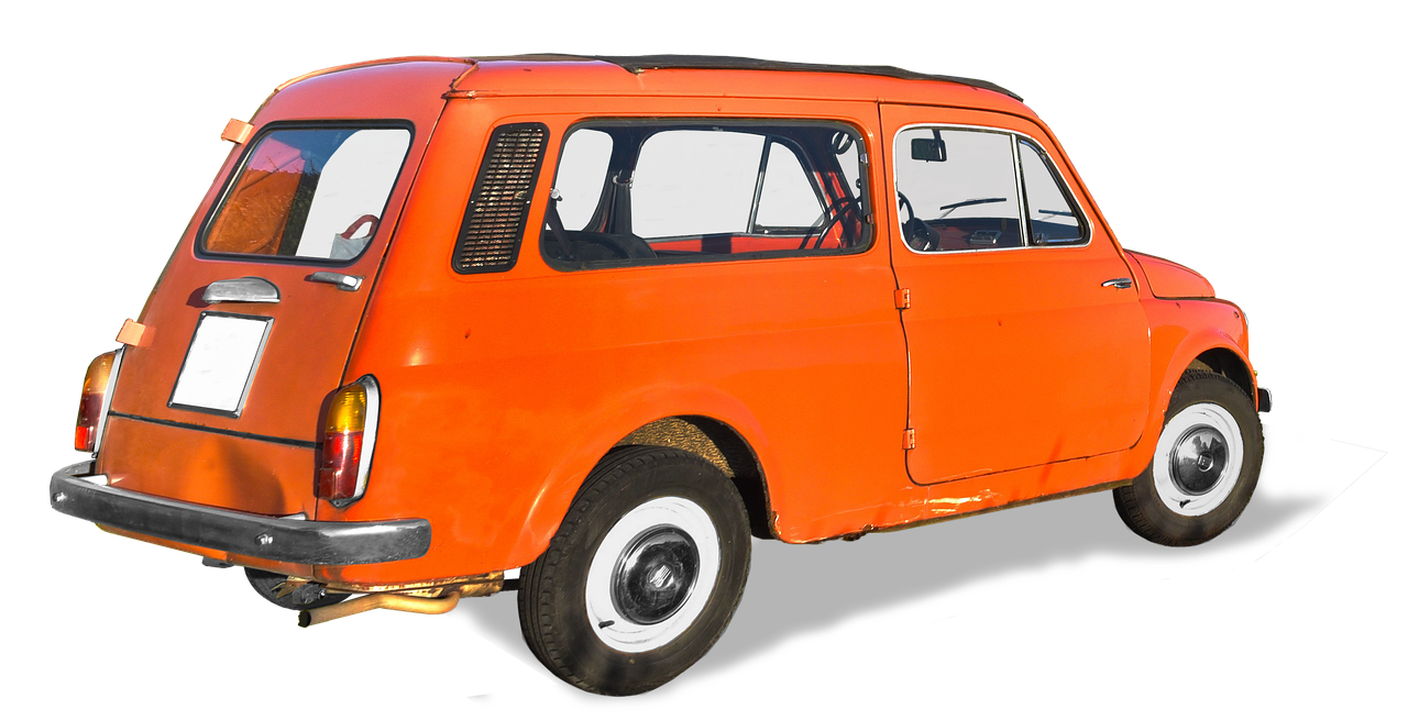 an orange car is parked on the side of the road, a digital rendering, by Alfons von Czibulka, trending on pixabay, fine art, 1968 cut out collage, russian lada car, stained antique copper car paint, vintage - w 1 0 2 4