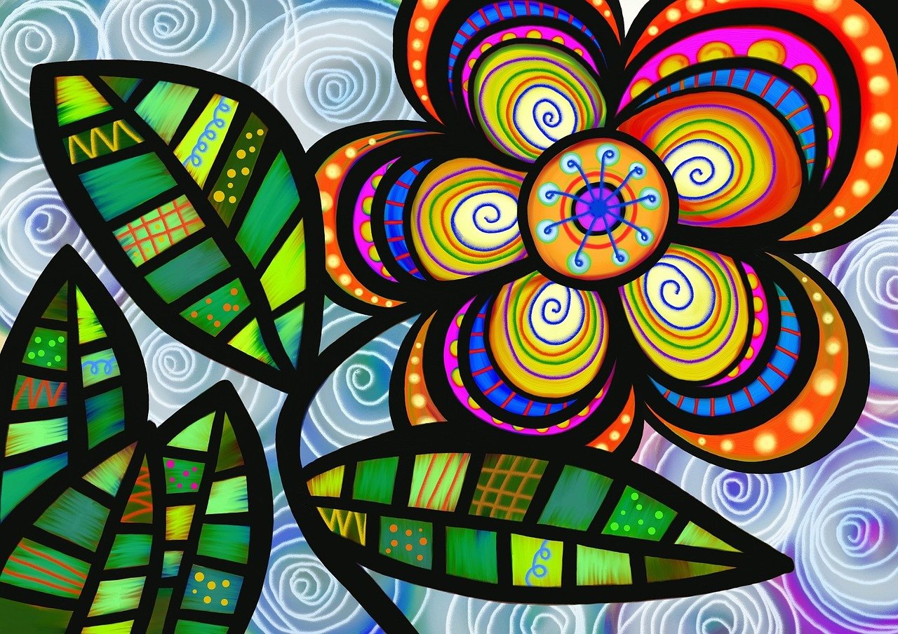 a colorful flower sitting on top of a green leaf, a pop art painting, inspired by Laurel Burch, behance contest winner, toyism, stained glass background, mixed media style illustration, background with complex patterns, electric breeze
