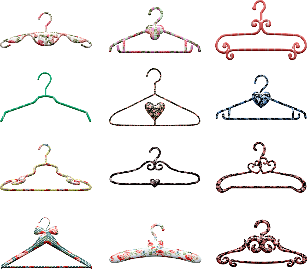 a bunch of different types of clothes hangers, a digital rendering, by Marie Bashkirtseff, made from million point clouds, flower power motifs, dark colors, set photo