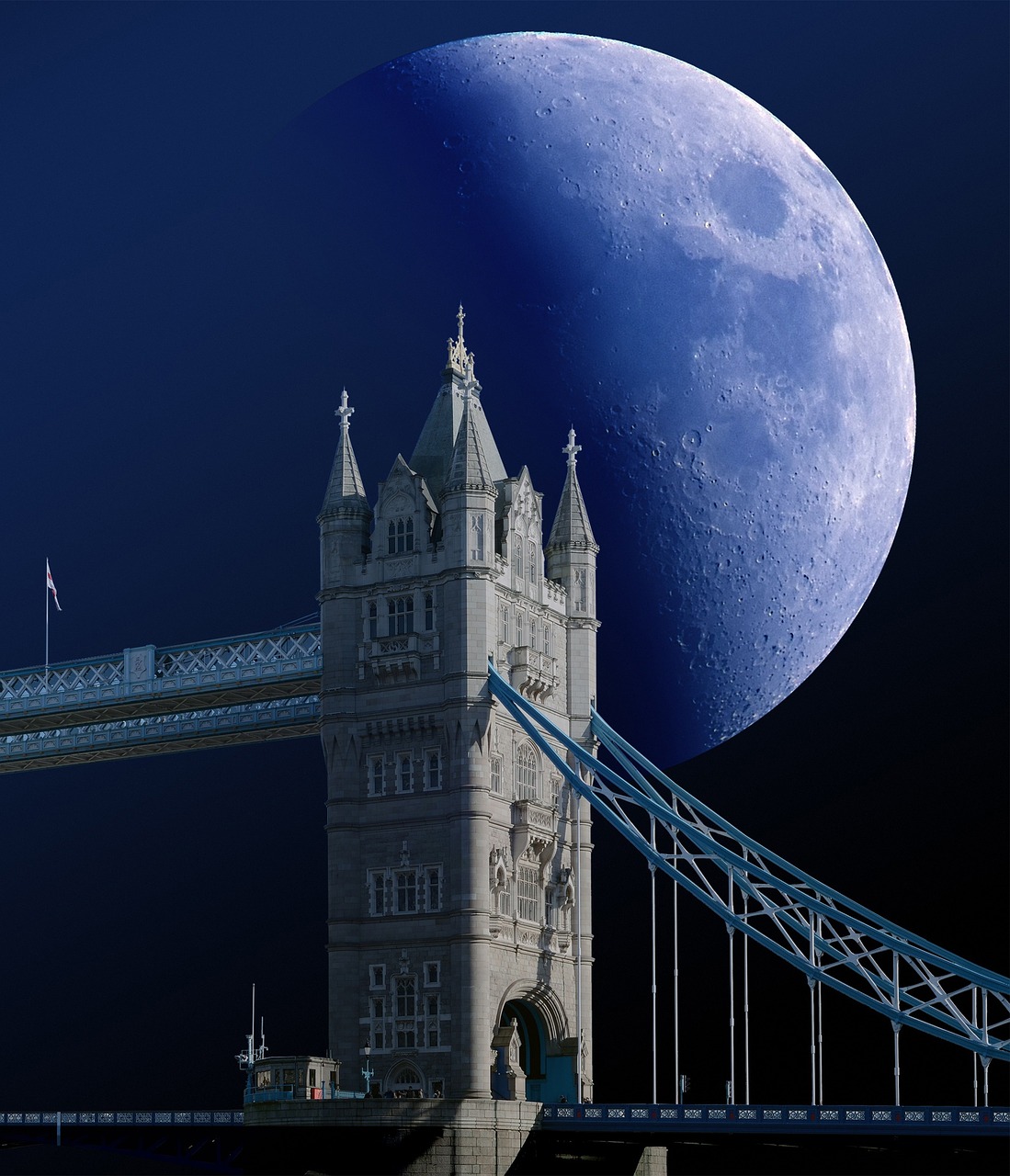 a bridge with a blue moon in the background, by John Moonan, shutterstock, surrealism, tower bridge, realistic photo from nasa, stock photo