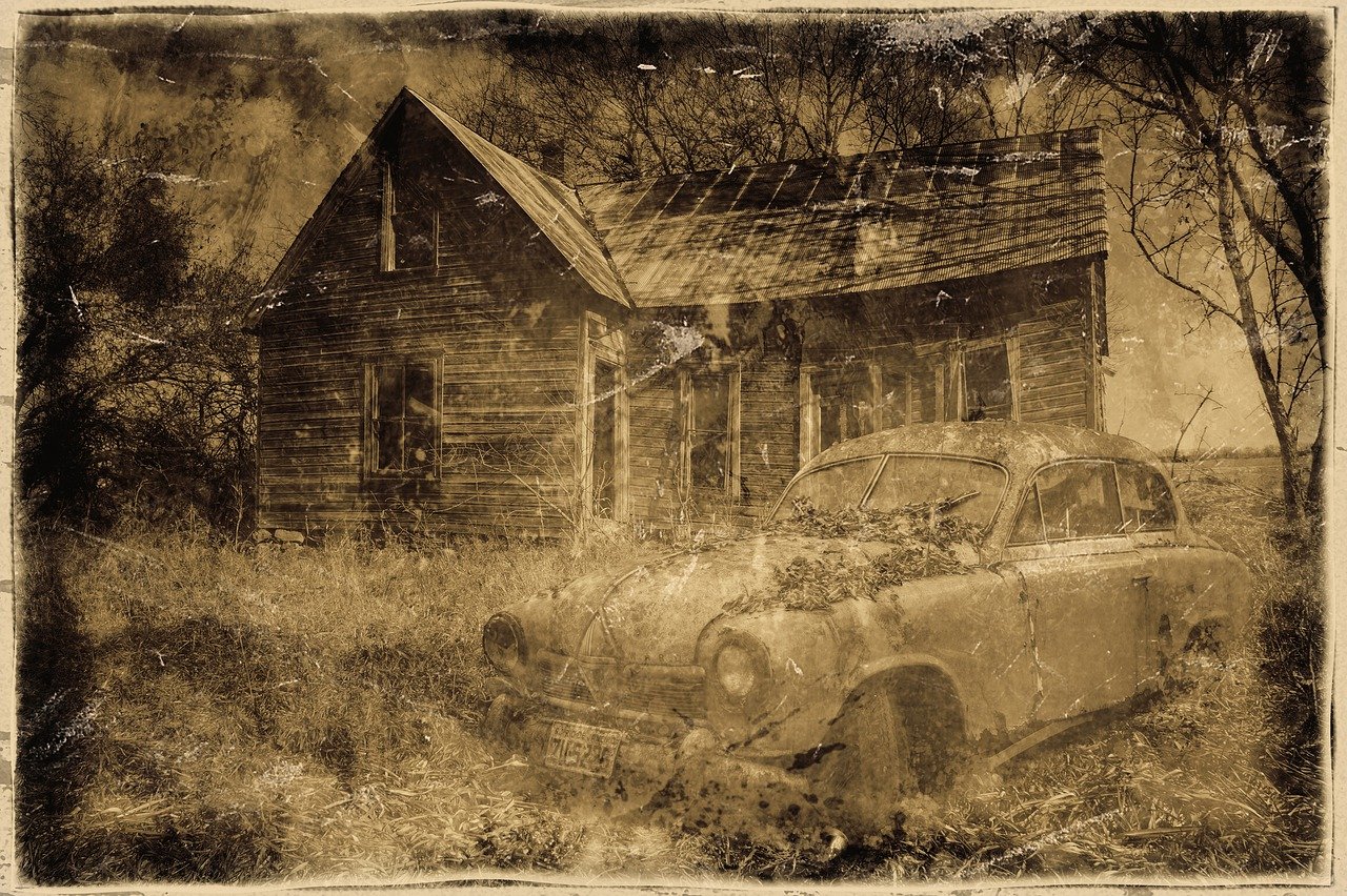 an old car is parked in front of a house, by Chris Spollen, tonalism, drawn with photoshop, scratched photo, cabin, haunted background