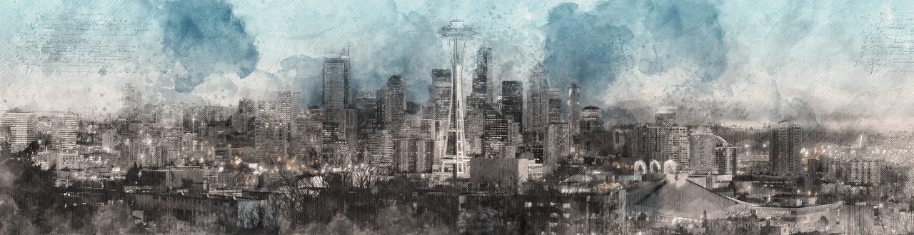 a black and white painting of a cityscape, a digital painting, by Randall Schmit, pixabay contest winner, washington state, vibrant but dreary blue, watercolored, 144x144 canvas