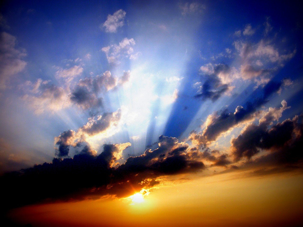 the sun is shining brightly through the clouds, a picture, by Eugeniusz Zak, godly light, shiny skin”