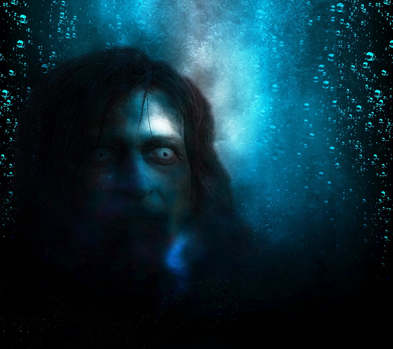 a close up of a person under water, a hologram, inspired by H.P. Lovecraft, deviantart contest winner, severus snape, horror video game, mark simonetti, frightened look