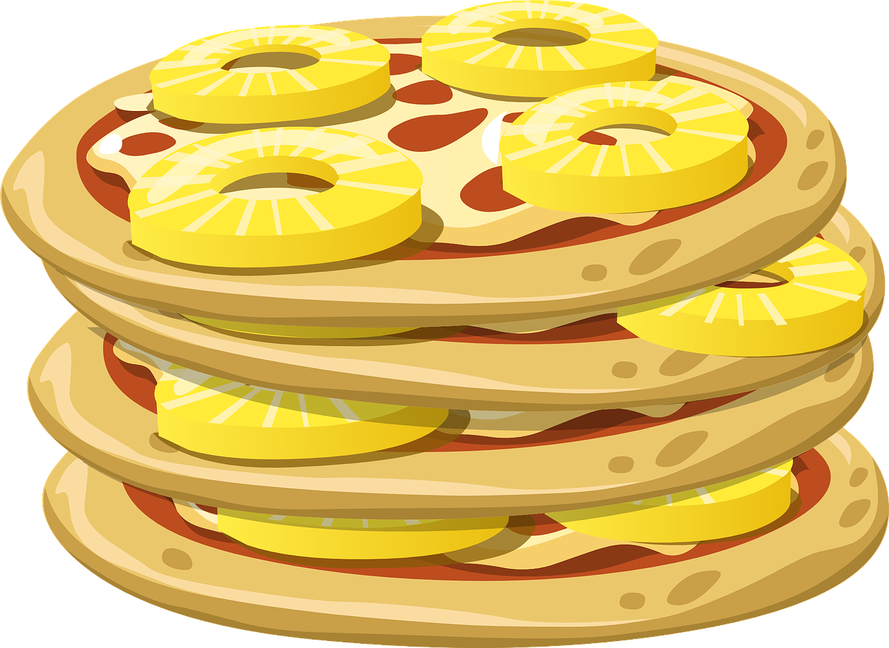 a stack of pancakes with pineapples on top, by Adam Manyoki, eating pizza, vector images, 4 k detail, broad detail