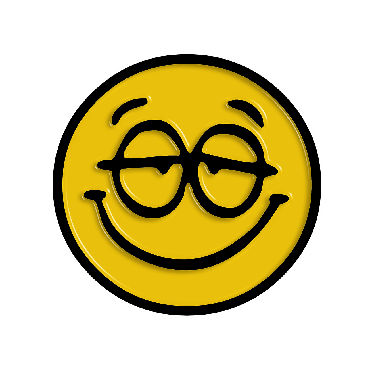 a yellow smiley face with glasses on a black background, a digital rendering, inspired by Leo Leuppi, seventies era, austin powers, edited, happy friend