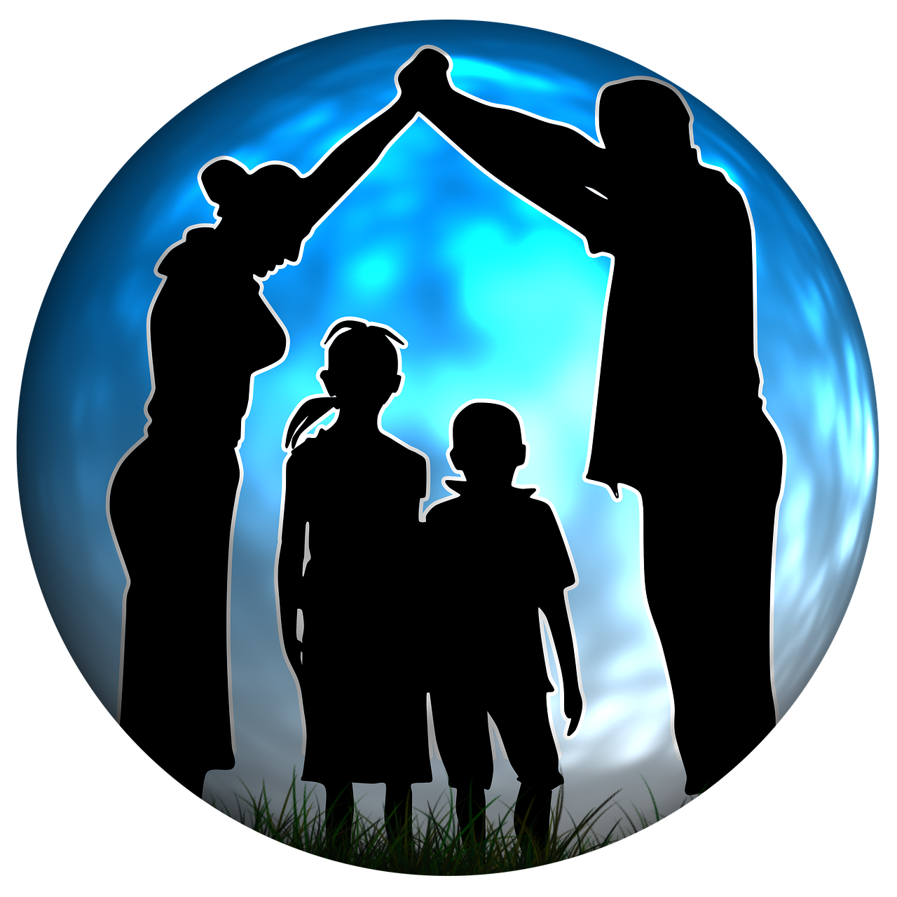 a group of people holding hands in front of a full moon, a digital rendering, husband wife and son, shelter, profile image, shadow