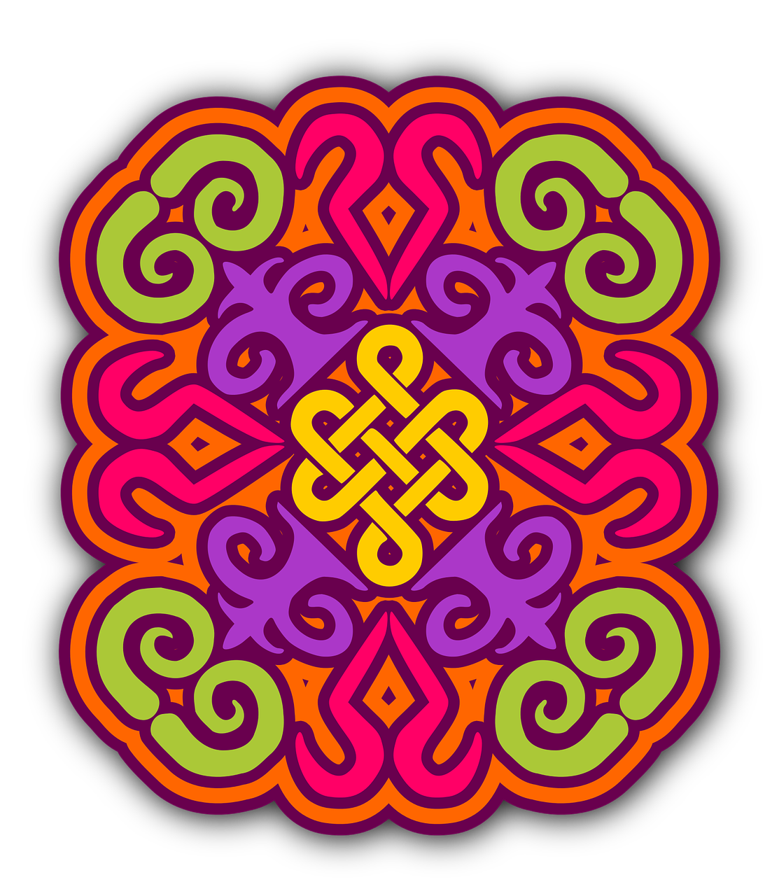 a colorful design on a black background, vector art, psychedelic art, celtic knot, ancient chinese ornate, stylized bold outline, flat vibrant colors