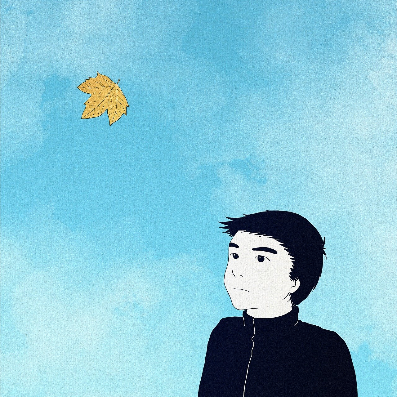 a boy is flying a kite in the sky, inspired by Alex Katz, tumblr, conceptual art, leafs falling, yusuke murata, looking at the sky, drawn with photoshop